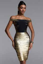 Racy Chic Contour Off Shoulder Metallic Bandage Mini Dress